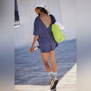 Free People Movement Hot Shot Tee Romper Blue Indigo Small NWOT